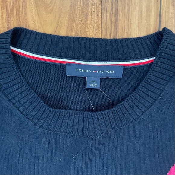 Tommy Hilfiger Women's Cropped Double Heart Sweater Navy Crewneck Size Large. - Picture 7 of 12